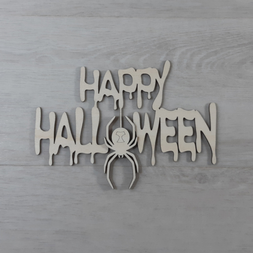 Happy Halloween felirat, pókos - 'Ghost', 21cm, natúr